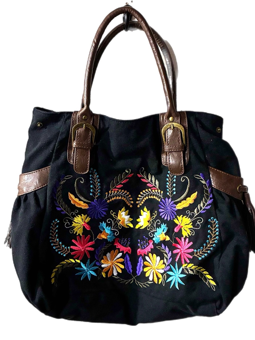 Embroidered Black Tote Bag with Brown Handles